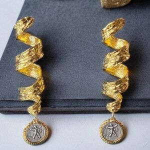 Massive 4 3/4" 22k Hammered Gold Plated Twisted Ancient Coin Earrings